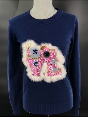 Emily Stacy Navy Sweater with Pink Sequin & Fur 'LOVE' Patch
